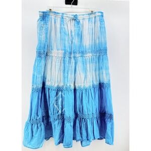Kaktus Tiered Maxi Skirt 1X White Blue Boho Cotton‎ Gauze Elastic Waist